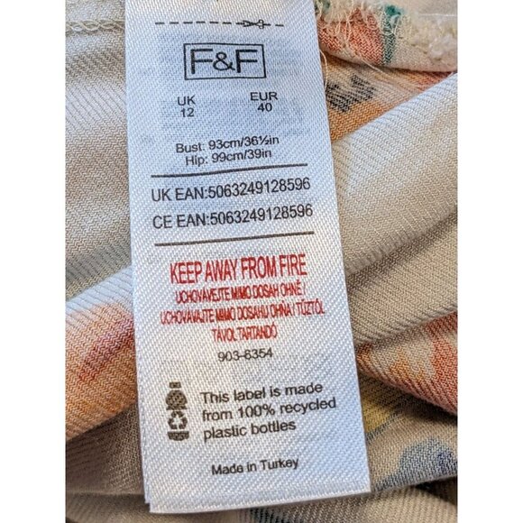 F&F Dress US Size 8 Ivory Colorful Floral Puff Sleeve Midi Waist Cut Out Summer - Picture 6 of 7